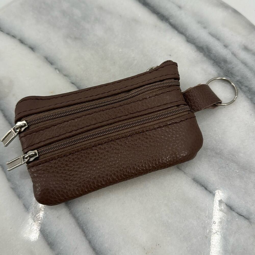 NWT Milk chocolate brown pebble leather four zippered coin purse wallet